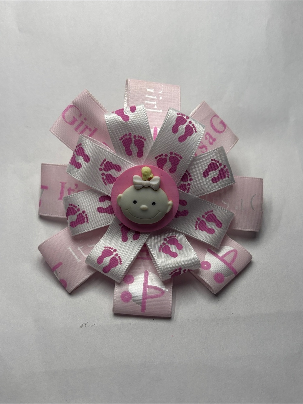 Baby Girl Pink Ribbon Hair Bow with Footprint Design